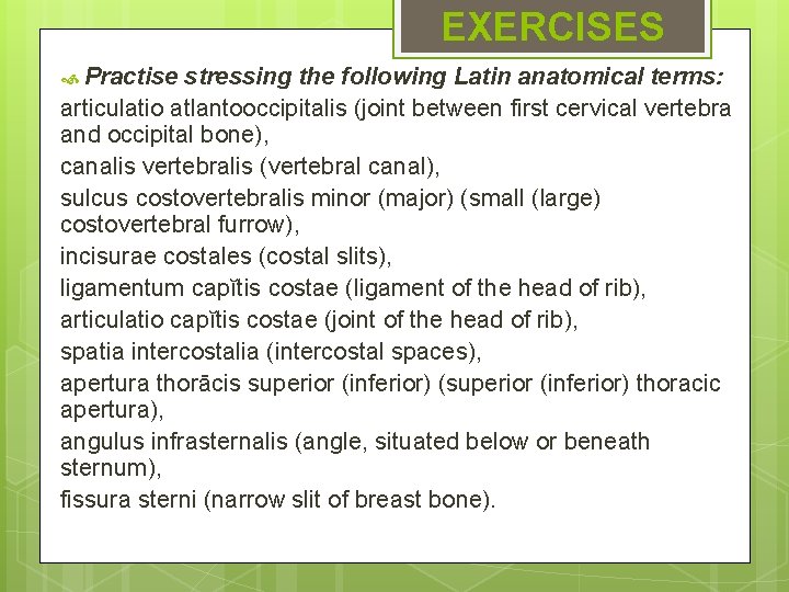 EXERCISES Practise stressing the following Latin anatomical terms: articulatio atlantooccipitalis (joint between first cervical