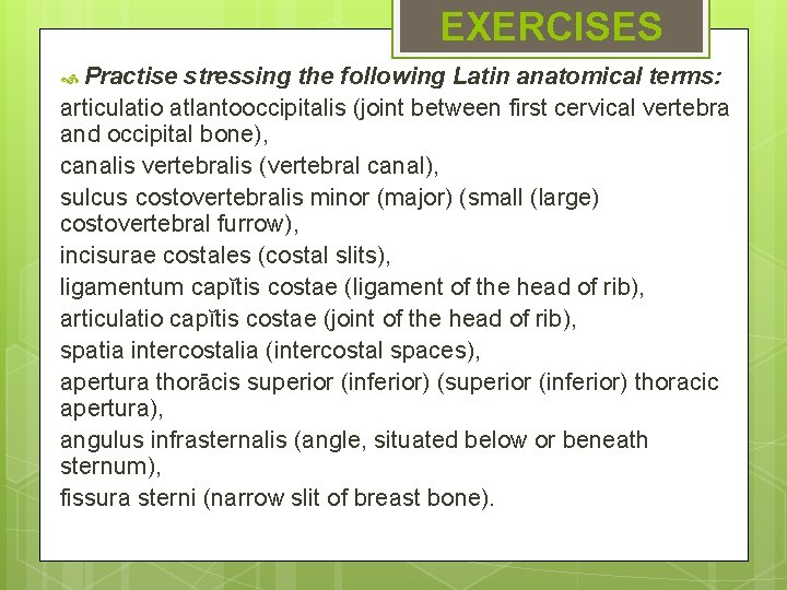 EXERCISES Practise stressing the following Latin anatomical terms: articulatio atlantooccipitalis (joint between first cervical EXERCISES Practise stressing the following Latin anatomical terms: articulatio atlantooccipitalis (joint between first cervical