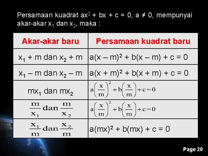 Persamaan kuadrat ax 2 + bx + c = 0, a ≠ 0, mempunyai