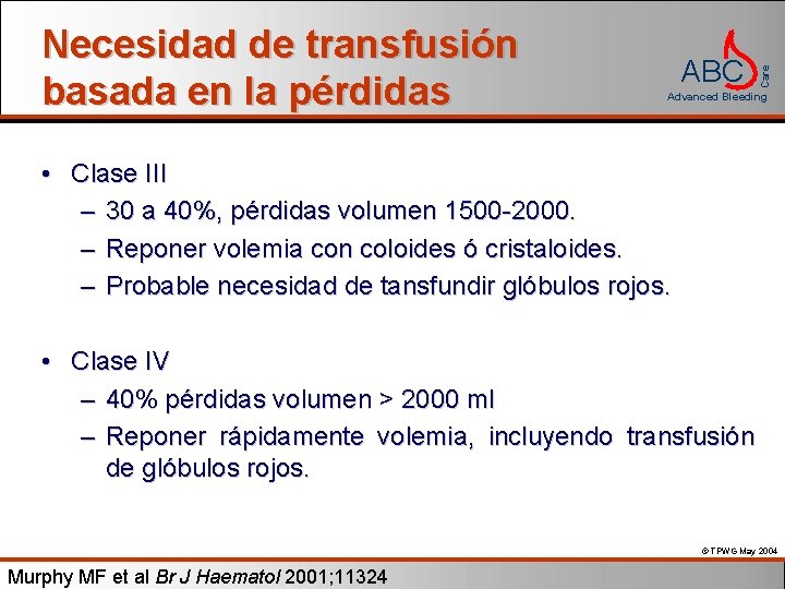 ABC Care Necesidad de transfusión basada en la pérdidas Advanced Bleeding • Clase III