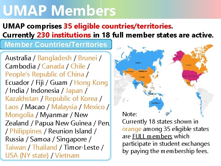 UMAP Members UMAP comprises 35 eligible countries/territories. Currently 230 institutions in 18 full member