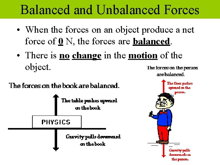 Balanced and Unbalanced Forces • When the forces on an object produce a net