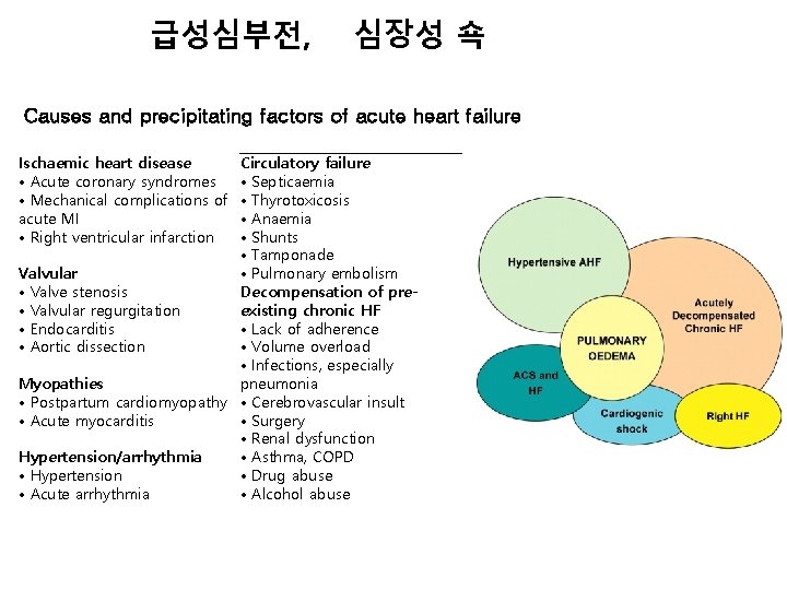 급성심부전, 심장성 쇽 Causes and precipitating factors of acute heart failure Ischaemic heart disease