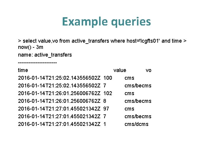 Example queries > select value, vo from active_transfers where host='lcgfts 01' and time > Example queries > select value, vo from active_transfers where host='lcgfts 01' and time >