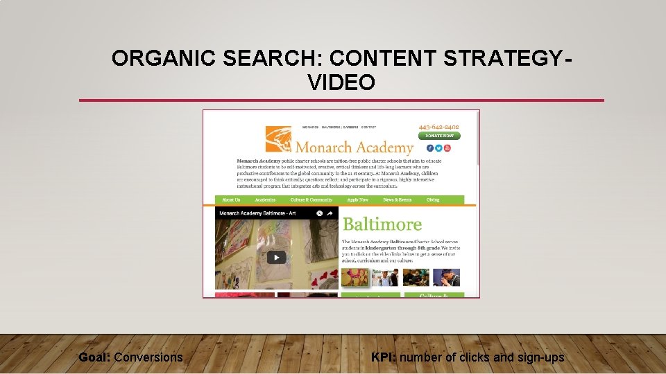 ORGANIC SEARCH: CONTENT STRATEGYVIDEO Goal: Conversions KPI: number of clicks and sign-ups 