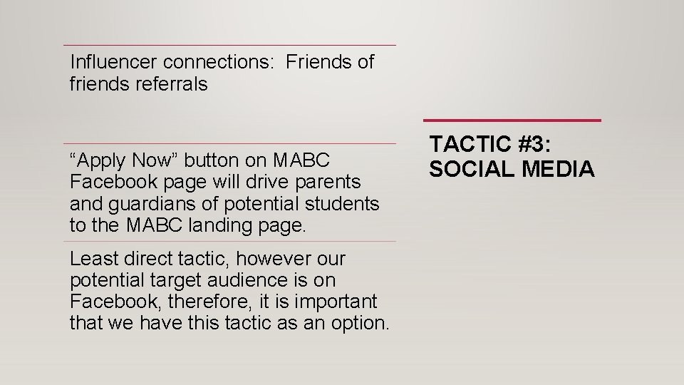 Influencer connections: Friends of friends referrals “Apply Now” button on MABC Facebook page will