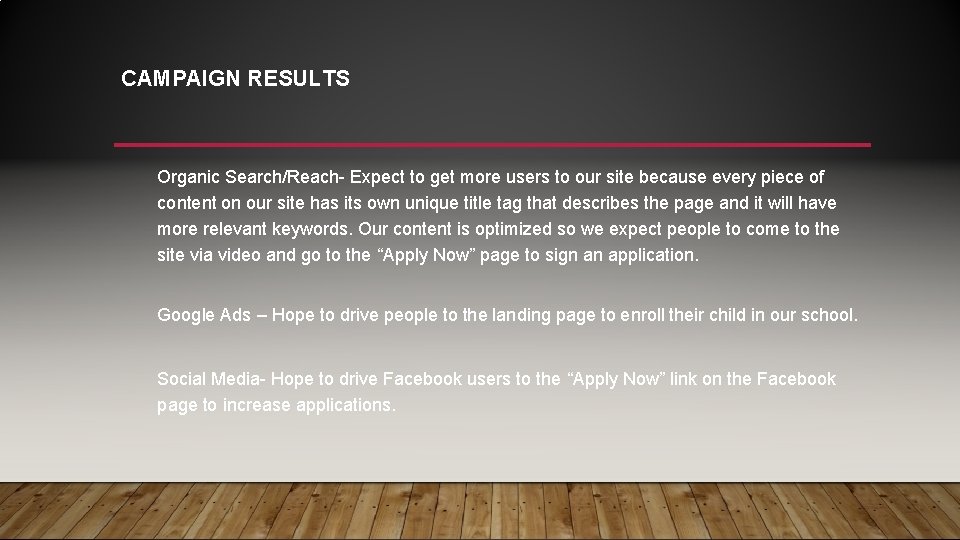 CAMPAIGN RESULTS Organic Search/Reach- Expect to get more users to our site because every CAMPAIGN RESULTS Organic Search/Reach- Expect to get more users to our site because every
