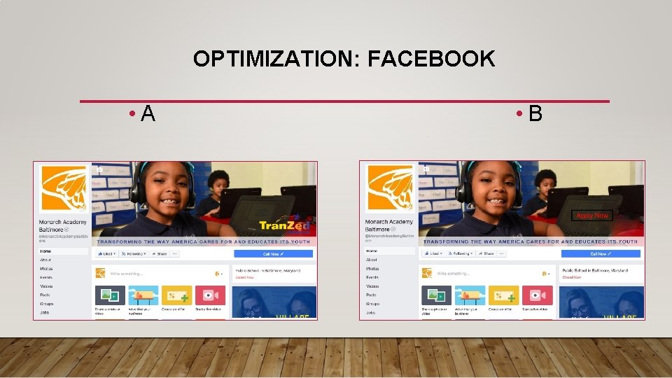 OPTIMIZATION: FACEBOOK • A • B OPTIMIZATION: FACEBOOK • A • B