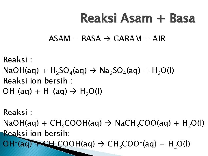 Reaksi Asam + Basa ASAM + BASA GARAM + AIR Reaksi : Na. OH(aq) Reaksi Asam + Basa ASAM + BASA GARAM + AIR Reaksi : Na. OH(aq)