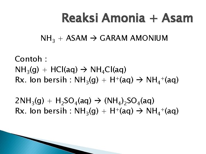 Reaksi Amonia + Asam NH 3 + ASAM GARAM AMONIUM Contoh : NH 3(g)