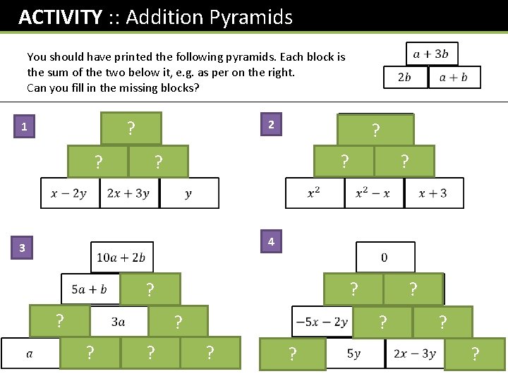 ACTIVITY : : Addition Pyramids You should have printed the following pyramids. Each block