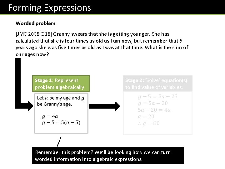 Forming Expressions Worded problem [JMC 2008 Q 18] Granny swears that she is getting