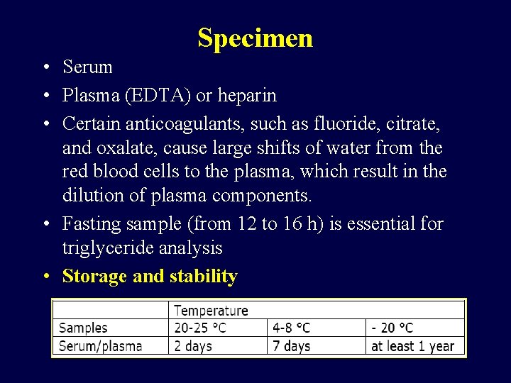 Specimen • Serum • Plasma (EDTA) or heparin • Certain anticoagulants, such as fluoride,