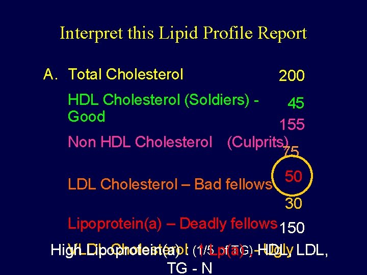 Interpret this Lipid Profile Report A. Total Cholesterol 200 HDL Cholesterol (Soldiers) - Good