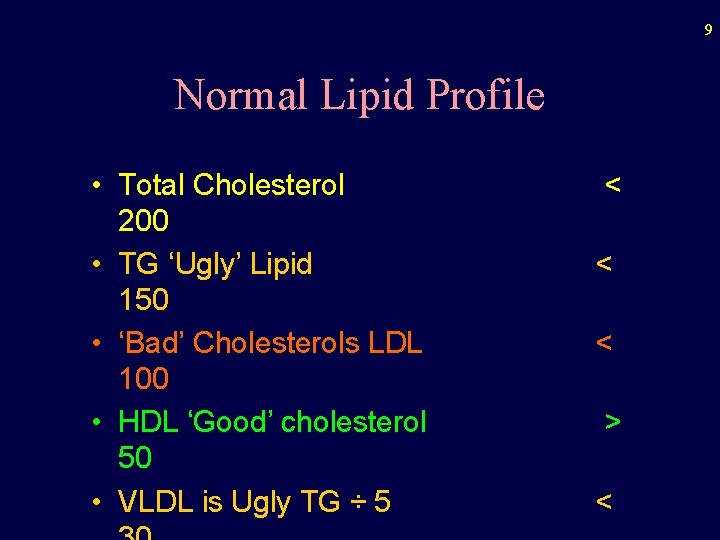 9 Normal Lipid Profile • Total Cholesterol 200 • TG ‘Ugly’ Lipid 150 •
