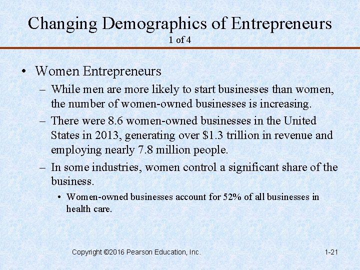 Changing Demographics of Entrepreneurs 1 of 4 • Women Entrepreneurs – While men are
