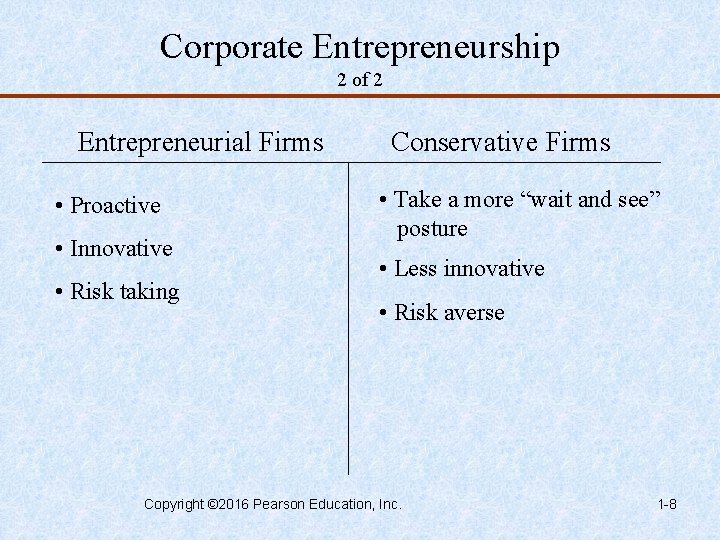 Corporate Entrepreneurship 2 of 2 Entrepreneurial Firms • Proactive • Innovative • Risk taking