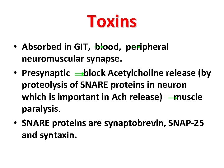 Toxins • Absorbed in GIT, blood, peripheral neuromuscular synapse. • Presynaptic block Acetylcholine release