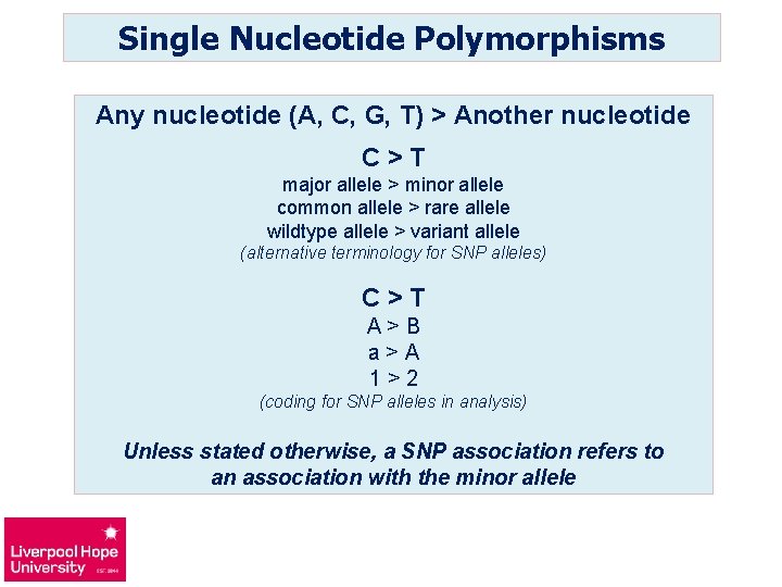 Single Nucleotide Polymorphisms Any nucleotide (A, C, G, T) > Another nucleotide C>T major