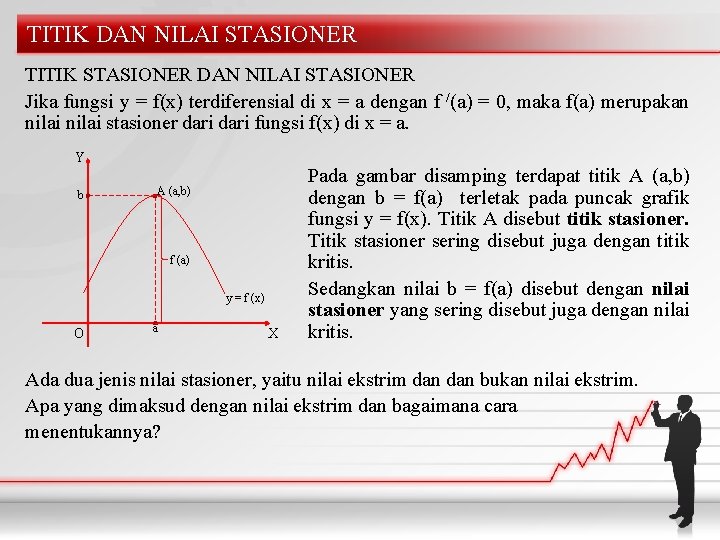 TITIK DAN NILAI STASIONER TITIK STASIONER DAN NILAI STASIONER Jika fungsi y = f(x)