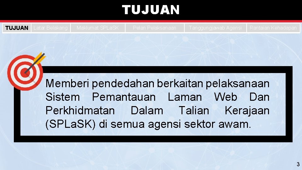 TUJUAN Latar Belakang Maklumat SPLa. SK Pelan Pelaksanaan Tanggungjawab Agensi Rantaian Kehadapan Memberi pendedahan