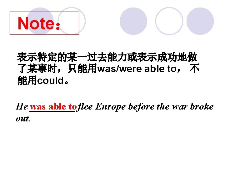 Note： 表示特定的某一过去能力或表示成功地做 了某事时，只能用was/were able to， 不 能用could。 He _____ flee Europe before the war