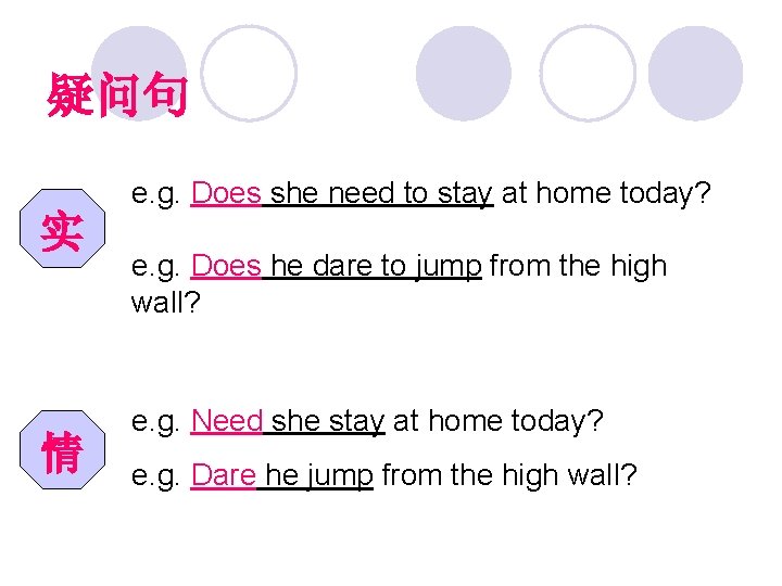 疑问句 实 情 e. g. Does she need to stay at home today? e.