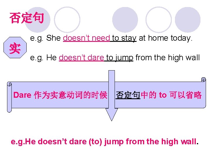 否定句 e. g. She doesn’t need to stay at home today. 实 e. g.