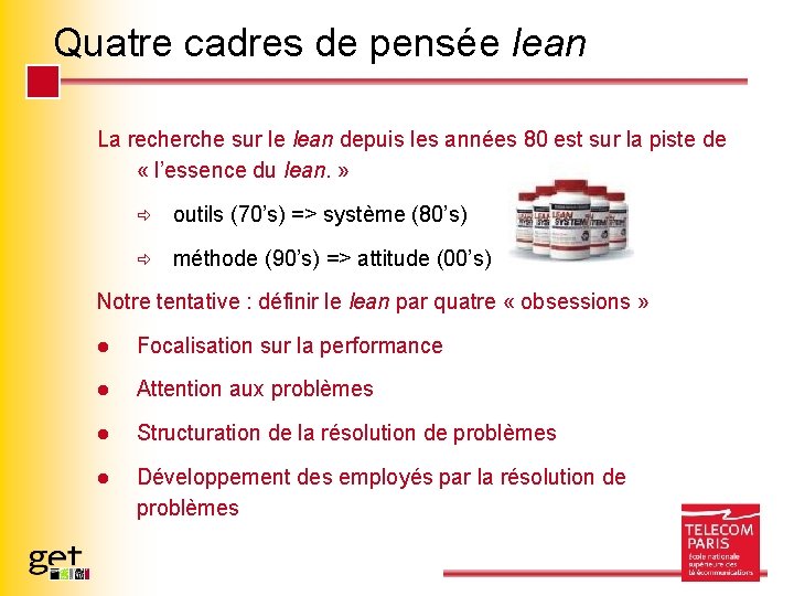 Quatre cadres de pensée lean La recherche sur le lean depuis les années 80