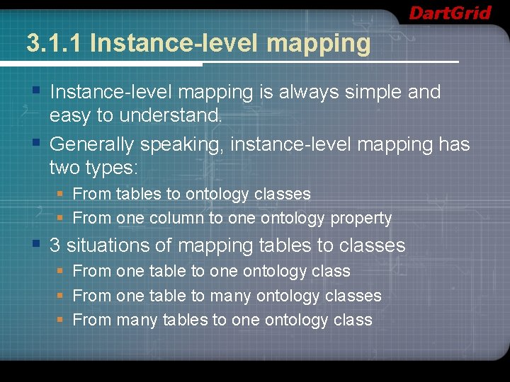 Dart. Grid 3. 1. 1 Instance-level mapping § Instance-level mapping is always simple and