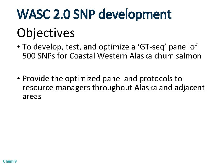 WASC 2. 0 SNP development Objectives • To develop, test, and optimize a ‘GT-seq’