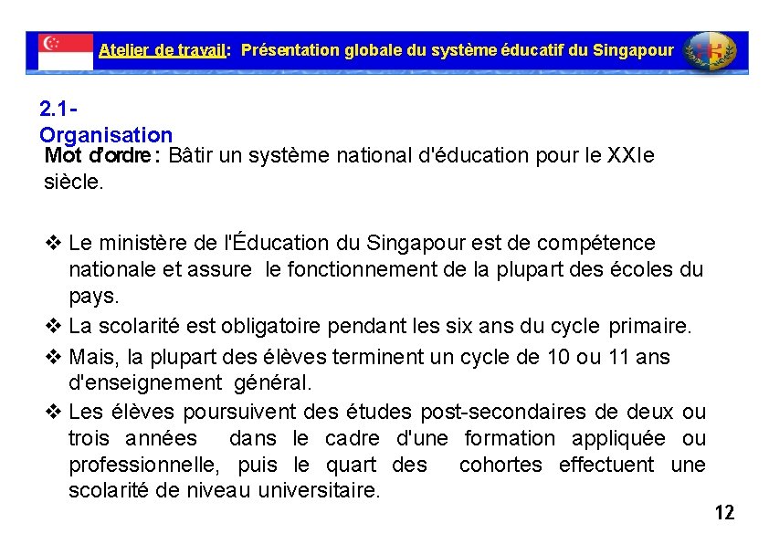 Atelier de travail: Présentation globale du système éducatif du Singapour 2. 1 Organisation Mot