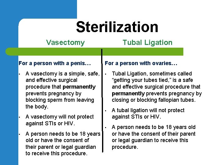 Sterilization Vasectomy For a person with a penis… • • • A vasectomy is