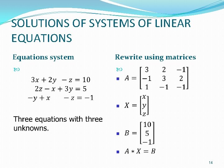 SOLUTIONS OF SYSTEMS OF LINEAR EQUATIONS Equations system Rewrite using matrices 14 SOLUTIONS OF SYSTEMS OF LINEAR EQUATIONS Equations system Rewrite using matrices 14