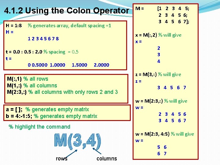 4. 1. 2 Using the Colon Operator H = 1: 8 H= % generates 4. 1. 2 Using the Colon Operator H = 1: 8 H= % generates