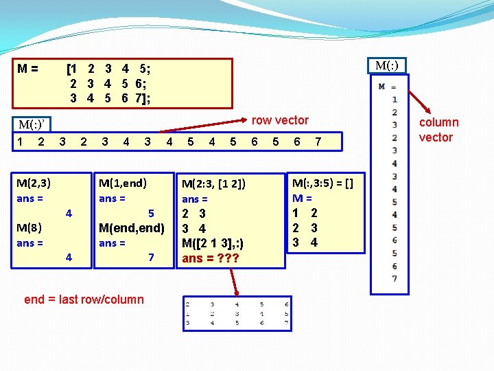 M= M(: ) [1 2 3 4 5; 2 3 4 5 6; 3 M= M(: ) [1 2 3 4 5; 2 3 4 5 6; 3