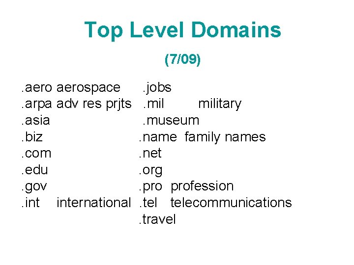Top Level Domains (7/09). aerospace. arpa adv res prjts. asia. biz. com. edu. gov.