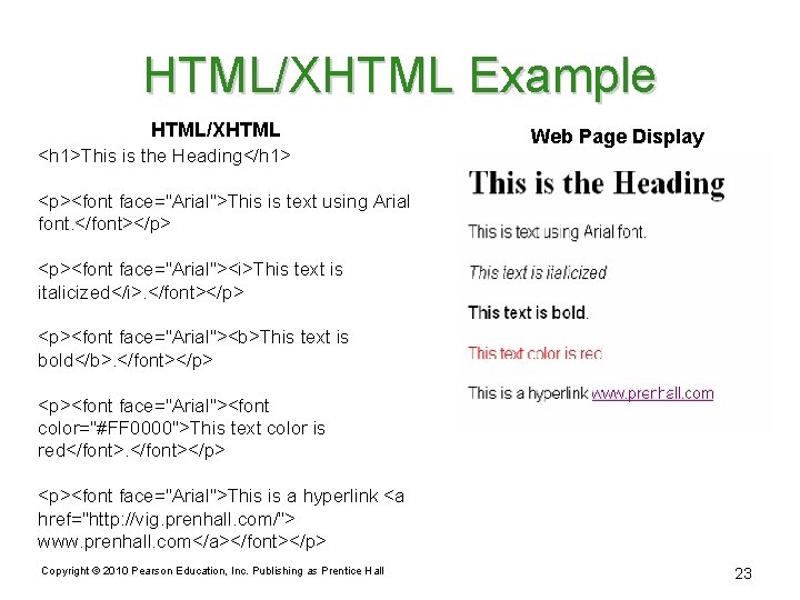 HTML/XHTML Example HTML/XHTML <h 1>This is the Heading</h 1> Web Page Display <p><font face="Arial">This