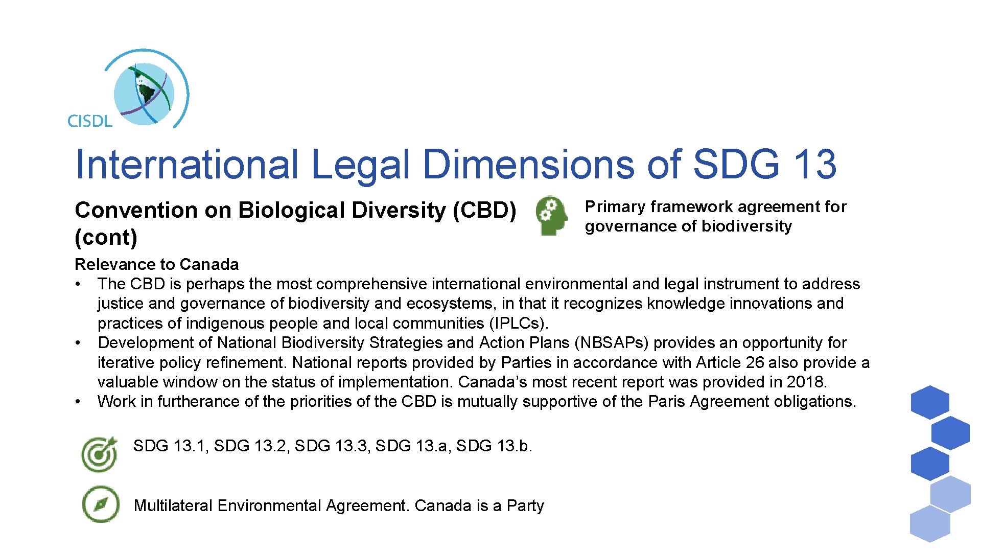 International Legal Dimensions of SDG 13 Convention on Biological Diversity (CBD) (cont) Primary framework