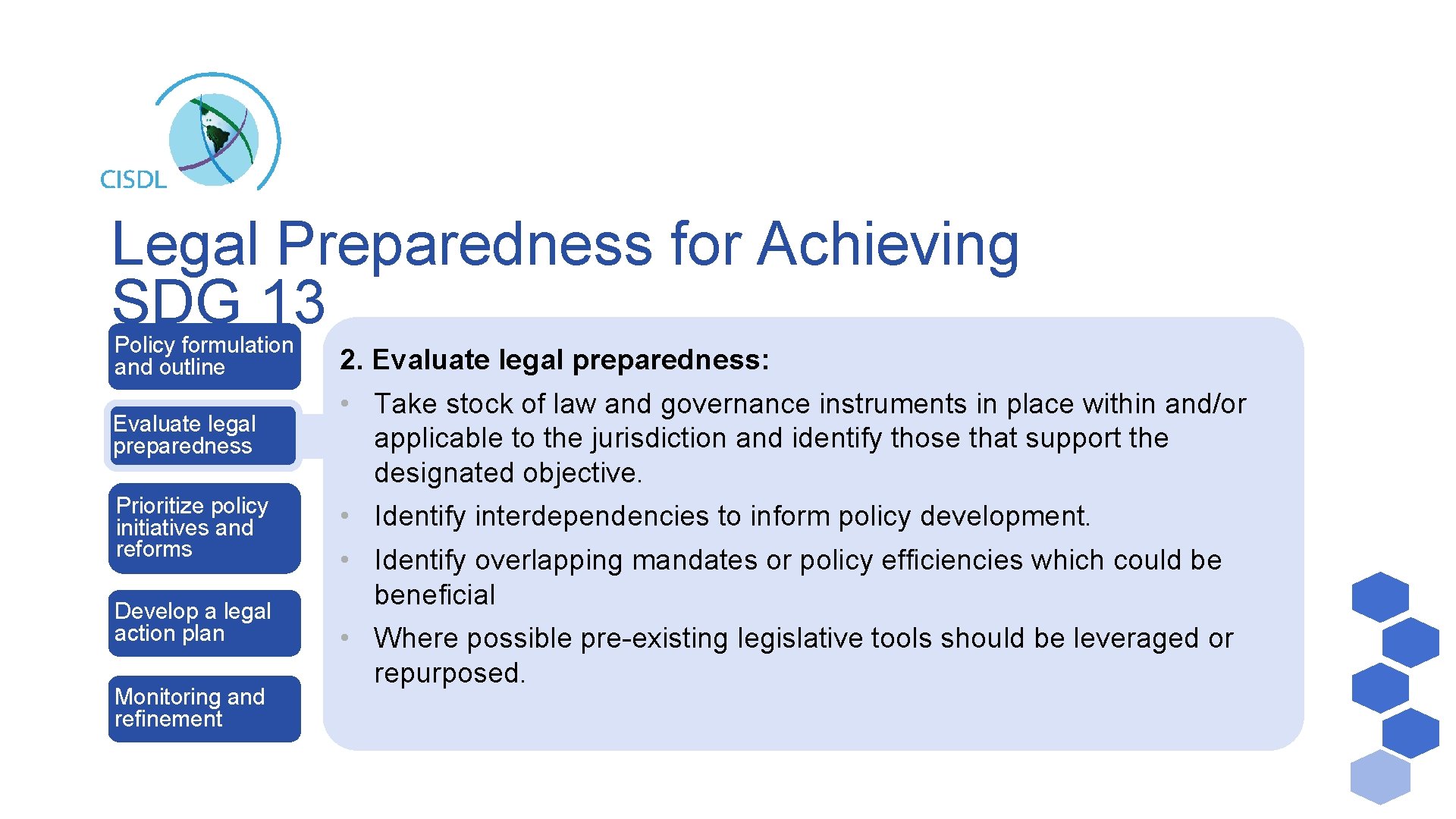 Legal Preparedness for Achieving SDG 13 Policy formulation and outline Evaluate legal preparedness Prioritize
