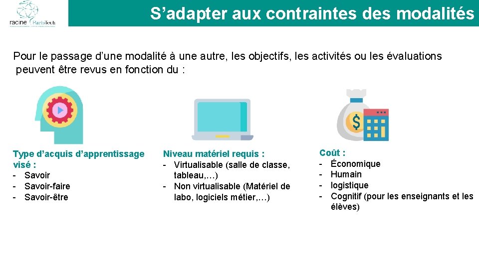 S’adapter aux contraintes des modalités Pour le passage d’une modalité à une autre, les