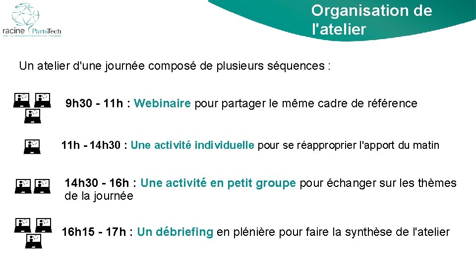 Organisation de l'atelier Un atelier d'une journée composé de plusieurs séquences : 9 h