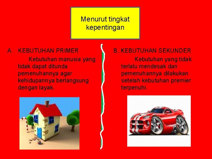 Menurut tingkat kepentingan A. KEBUTUHAN PRIMER Kebutuhan manusia yang tidak dapat ditunda pemenuhannya agar