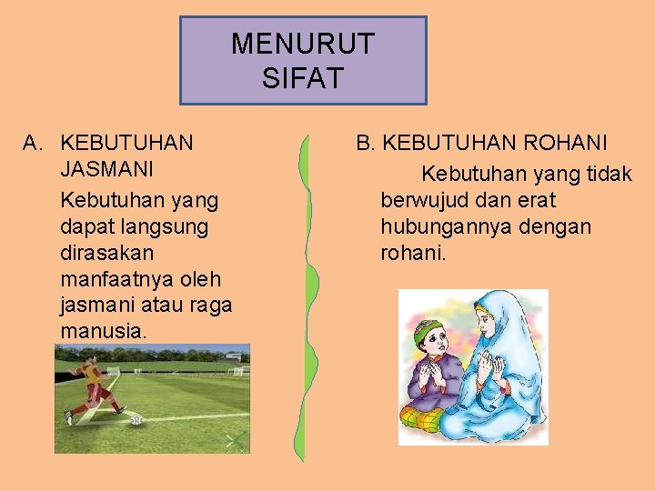 MENURUT SIFAT A. KEBUTUHAN JASMANI Kebutuhan yang dapat langsung dirasakan manfaatnya oleh jasmani atau
