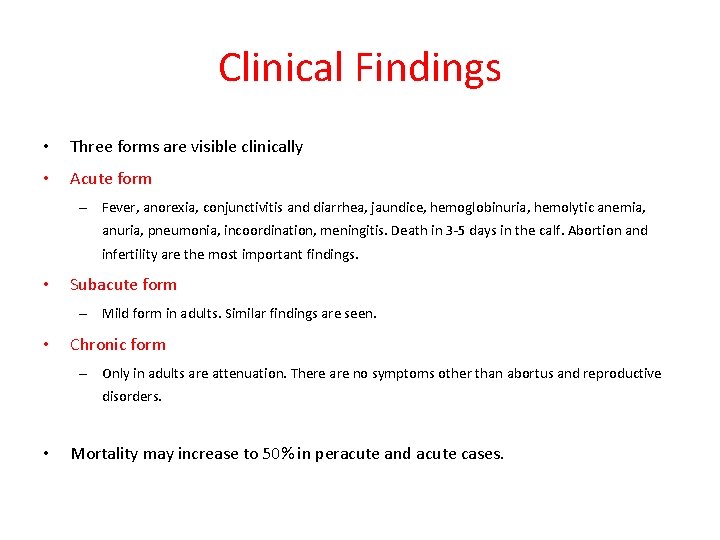 Clinical Findings • Three forms are visible clinically • Acute form – Fever, anorexia,