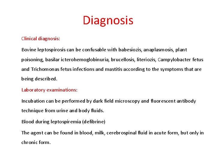 Diagnosis Clinical diagnosis: Bovine leptospirosis can be confusable with babesiozis, anaplasmosis, plant poisoning, basilar
