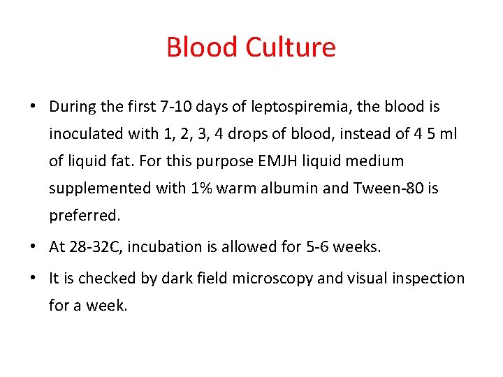 Blood Culture • During the first 7 -10 days of leptospiremia, the blood is
