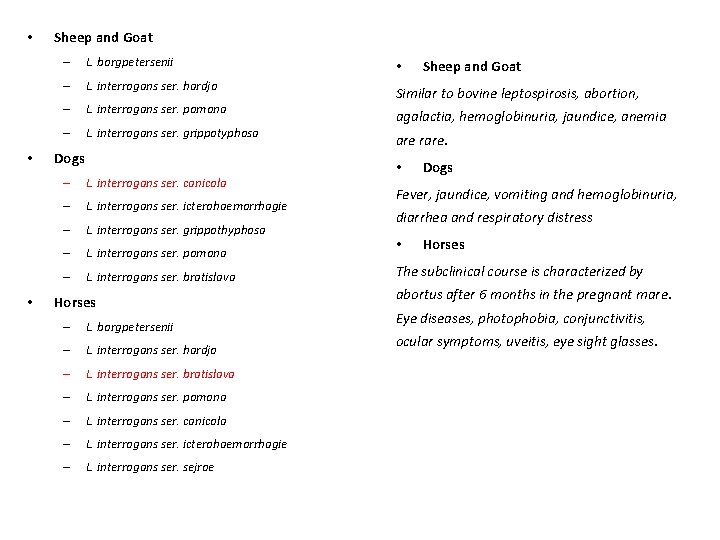  • • • Sheep and Goat – L. borgpetersenii • – L. interrogans