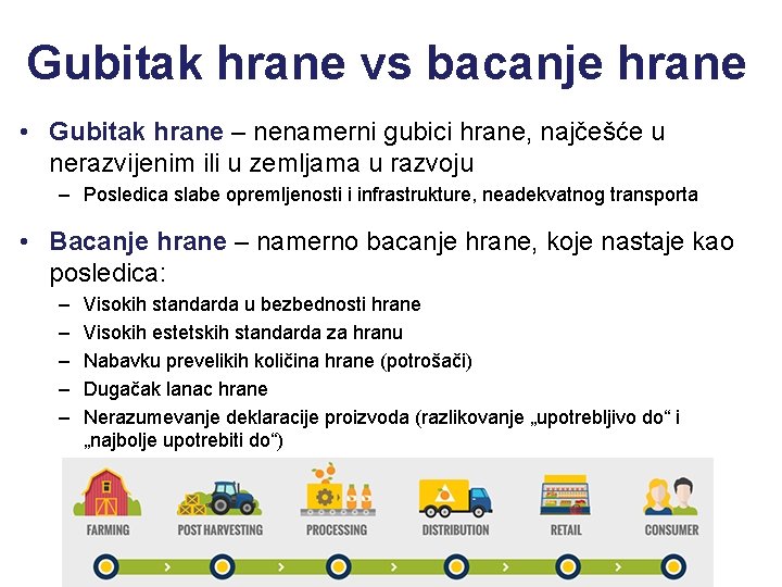 Gubitak hrane vs bacanje hrane • Gubitak hrane – nenamerni gubici hrane, najčešće u