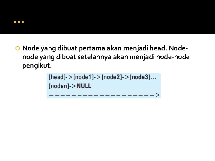… Node yang dibuat pertama akan menjadi head. Nodenode yang dibuat setelahnya akan menjadi
